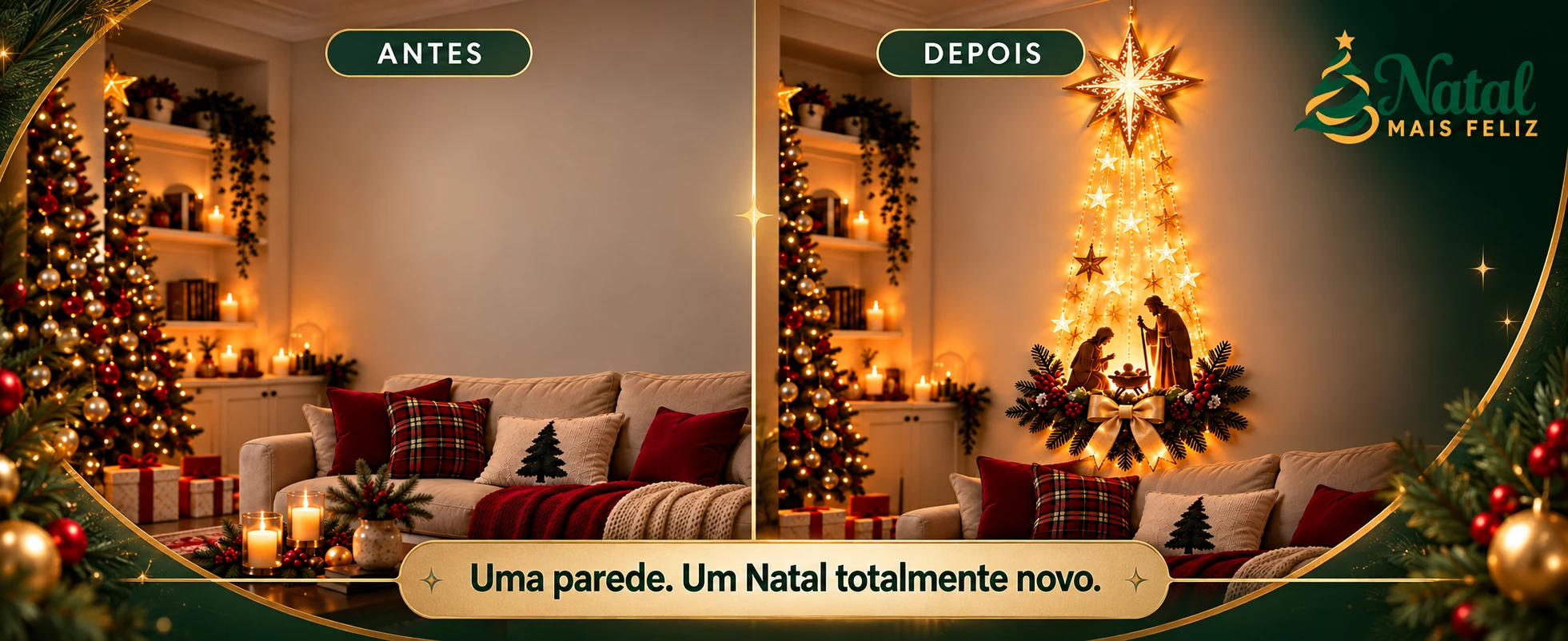 Antes e depois da decoração com o Presépio iluminado