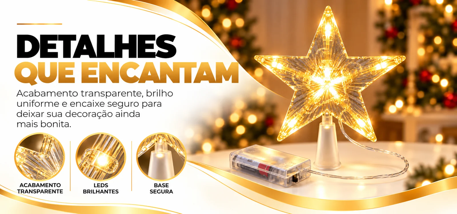 Detalhes que encantam: acabamento transparente, LEDs brilhantes e base segura