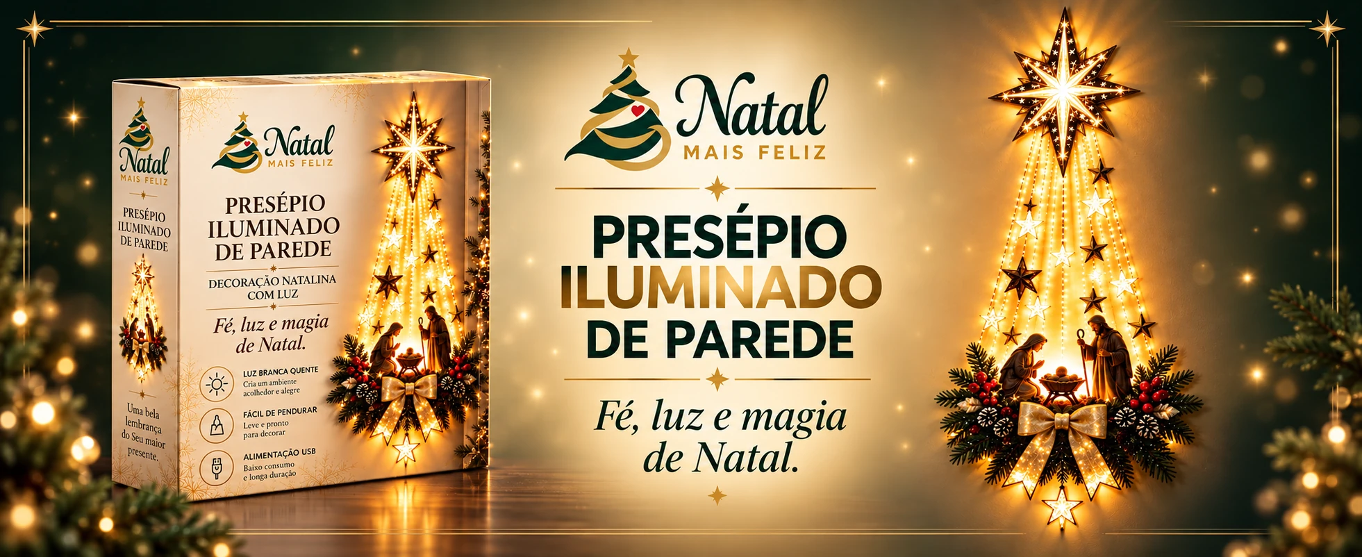 Presépio iluminado de parede: fé, luz e magia de Natal