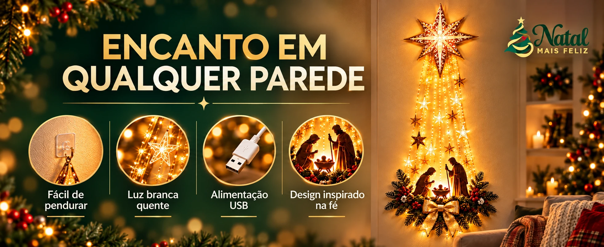 Presépio fácil de pendurar, luz branca quente e alimentação USB